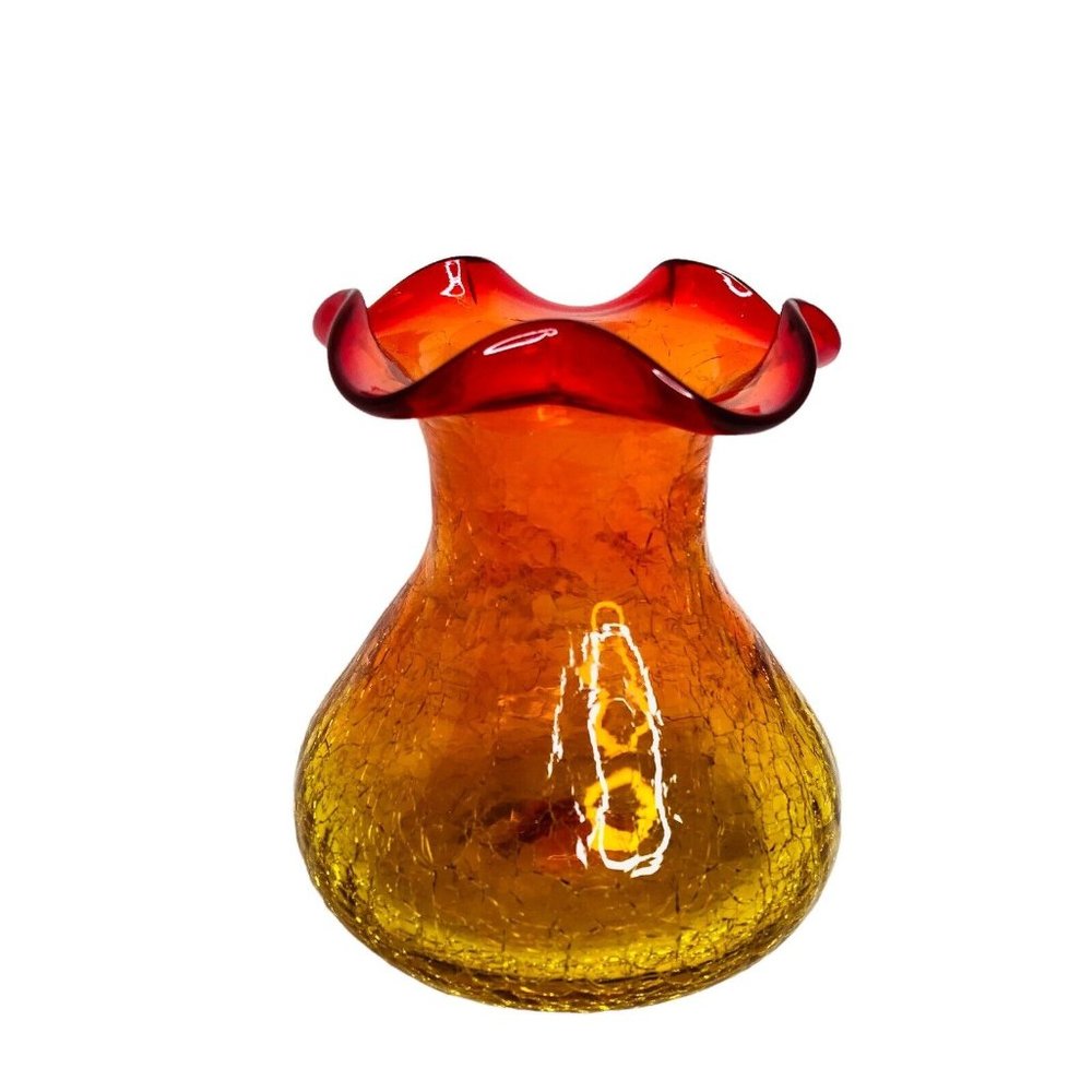 Vintage Hand Blown Rainbow Glass Co.4.5" Crackle Amberina Bud Vase Ruffled Edge